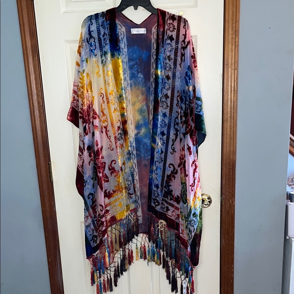 Women’s Multicolor Velvet Kimono Cover-Up with Fringe